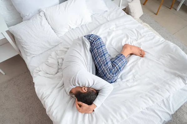 Young Man Having Panic Attack Bedroom — Stock Photo, Image
