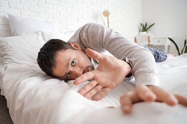 Young Man Having Panic Attack Bedroom — Stock Photo, Image