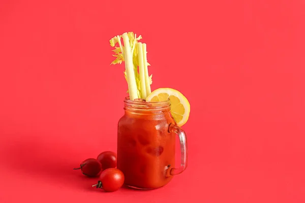 Mason Jar Bloody Mary Celery Lemon Red Background — Stock Photo, Image