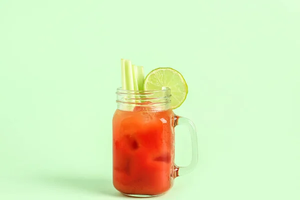 Mason Jar Bloody Mary Celery Lime Green Background — Stock Photo, Image