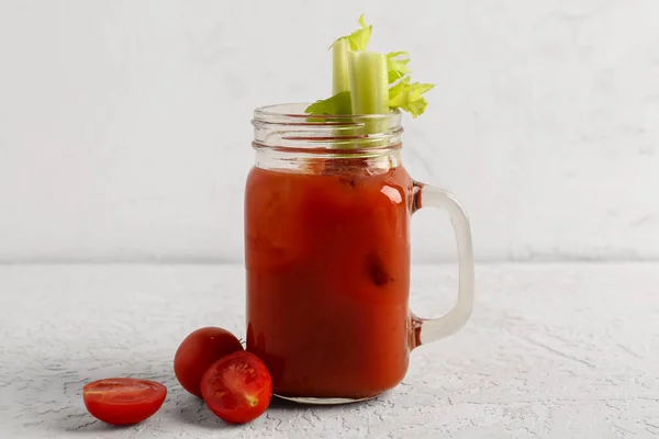 Mason Jar Bloody Mary Celery Tomatoes White Table — Stock Photo, Image
