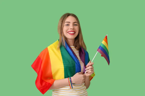 Young Woman Lgbt Flags Green Background — Stock Fotó