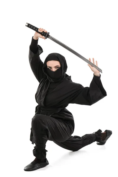 Kobiecy Ninja Mieczem Odizolowany Białym — Zdjęcie stockowe