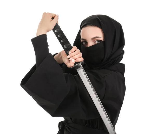 Female Ninja Sword Isolated White — Stock Photo, Image