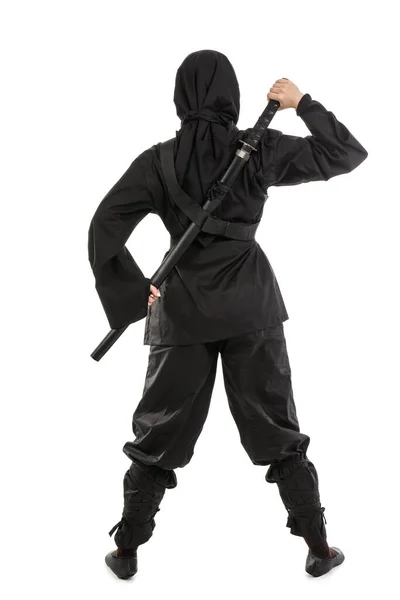 Kobieta Ninja Mieczem Białym Tle Widok Tyłu — Zdjęcie stockowe