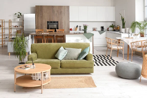 Interior Light Open Plan Kitchen Green Sofa Coffee Table — Stock Photo, Image