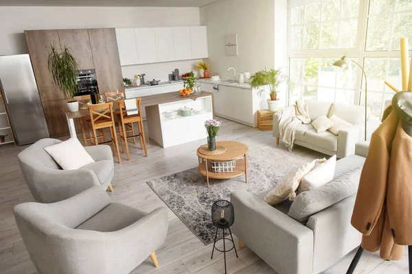 Interior Light Open Plan Kitchen Coffee Table Armchairs Sofas — Stock Photo, Image