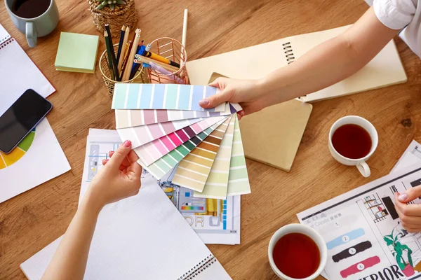 Female Graphic Designers Working Color Palettes Table Office Closeup — Stock Photo, Image