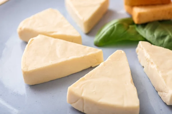 Talíř Trojúhelníky Chutného Taveného Sýra Detailní Záběr — Stock fotografie