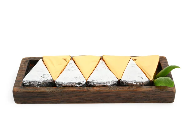 Board Triangles Tasty Processed Cheese Foil White Background — Stock Photo, Image