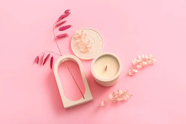 Holder Candle Decorative Podium Pink Background — Stock Photo, Image