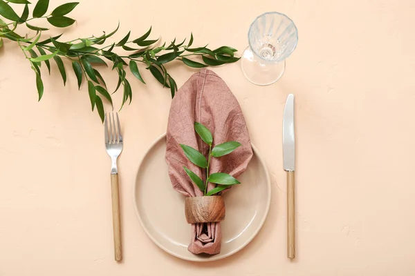 stock image Beautiful table setting with clean plate, cutlery and plant branches on beige background