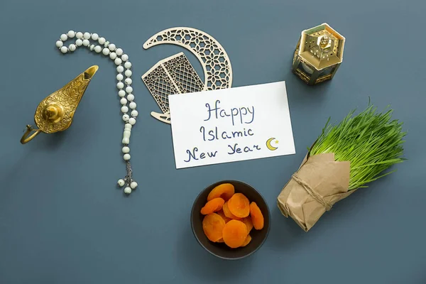 Card Text Happy Islamic New Year Tasbih Semilună Caise Uscate — Fotografie, imagine de stoc
