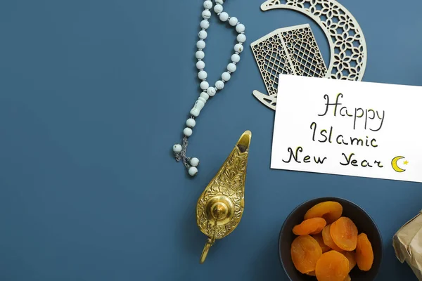 Карточка Текстом Happy Islamic New Year Tasbih Полумесяц Сушеные Абрикосы — стоковое фото