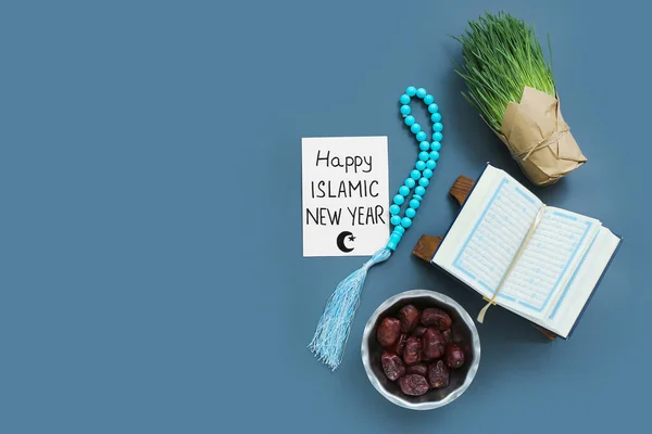 Card Text Happy Islamic New Year Coran Tasbih Date Uscate — Fotografie, imagine de stoc