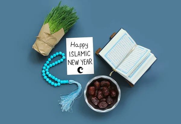 Card Text Happy Islamic New Year Koran Tasbih Grass Dried — Stock Photo, Image