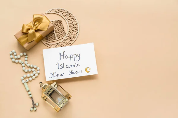 Card Text Happy Islamic New Year Tasbih Cutie Cadou Semilună — Fotografie, imagine de stoc