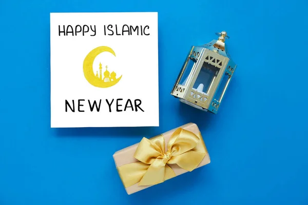 Card Text Happy Islamic New Year Fanous Cutie Cadou Fundal — Fotografie, imagine de stoc