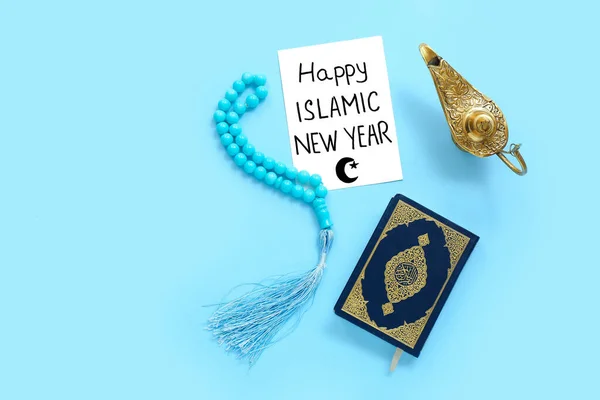 Kártya Szöveges Happy Islamic Tasbih Korán Aladdin Lámpa Színes Háttér — Stock Fotó
