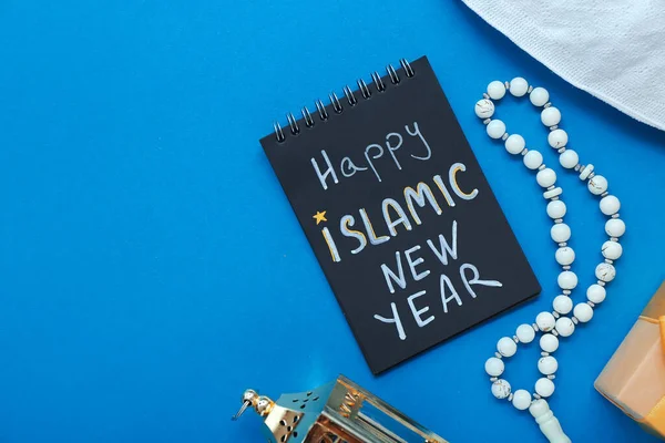 Notebook Text Happy Islamic New Year Tasbih Fundal Color — Fotografie, imagine de stoc