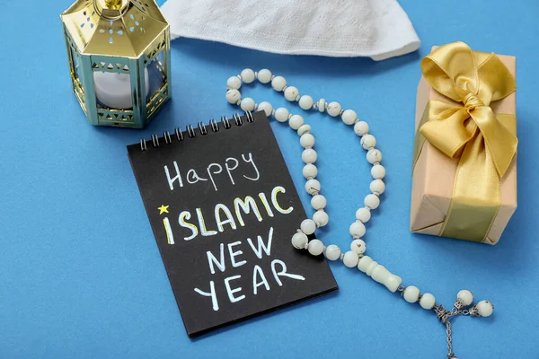 Notebook Text Happy Islamic New Year Tasbih Fanous Gift Box — Stock Photo, Image