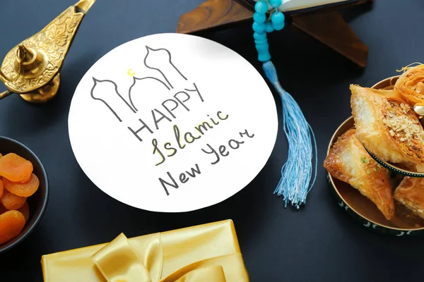 Картка Текстом Happy Islaic New Year Цукерки Подарункова Коробка Темному — стокове фото