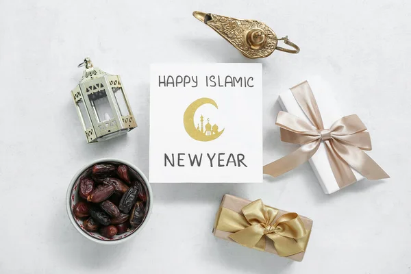 Card Text Happy Islamic New Year Gift Boxes Fanous Dried — Stock Photo, Image
