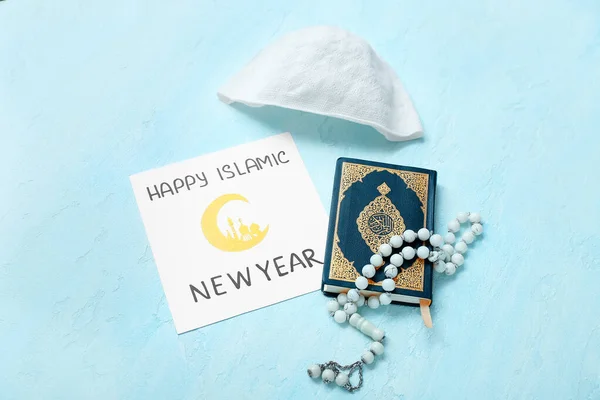Kártya Szöveges Happy Islamic Korán Tasbih Kalap Színes Háttér — Stock Fotó