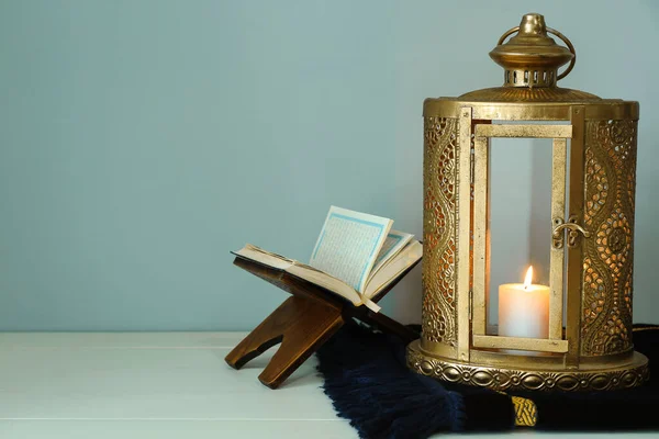Fanous Burning Candle Koran Prayer Mat Light Wooden Table Islamic — Stock Photo, Image
