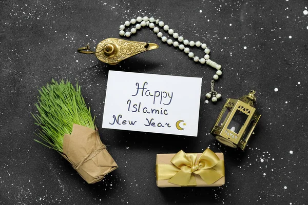 Tarjeta Con Texto Feliz Islámica Año Nuevo Tasbih Lámpara Aladdin — Foto de Stock