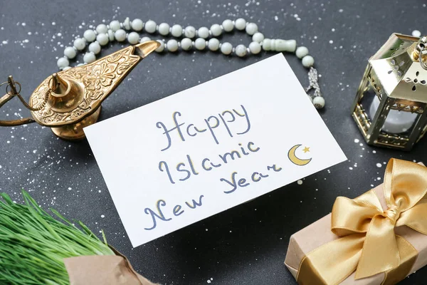 Card Text Happy Islamic New Year Tasbih Lampă Aladdin Cutie — Fotografie, imagine de stoc
