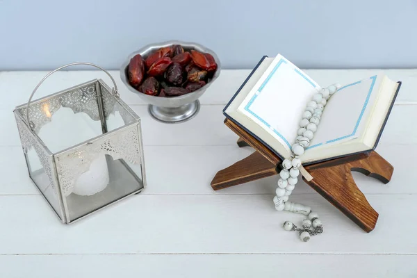Koran Tasbih Fanous Dried Dates Light Wooden Table Islamic New — Stock Photo, Image