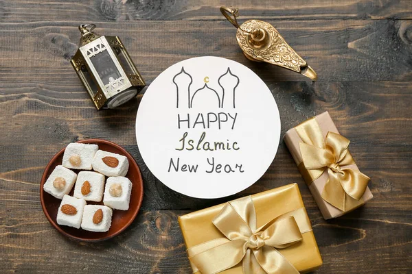 Card Text Happy Islamic New Year Dulciuri Cutii Fanoase Cadouri — Fotografie, imagine de stoc