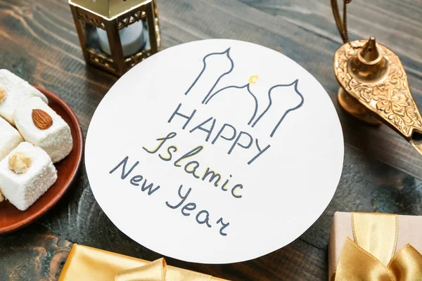 Kártya Szöveges Happy Islamic Édességek Aladdin Lámpa Fából Készült Háttér — Stock Fotó