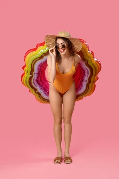 Young Woman Swimsuit Inflatable Ring Pink Background — Stock Photo, Image