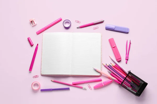 Notebook Different School Stationery Lilac Background — Stock Photo, Image