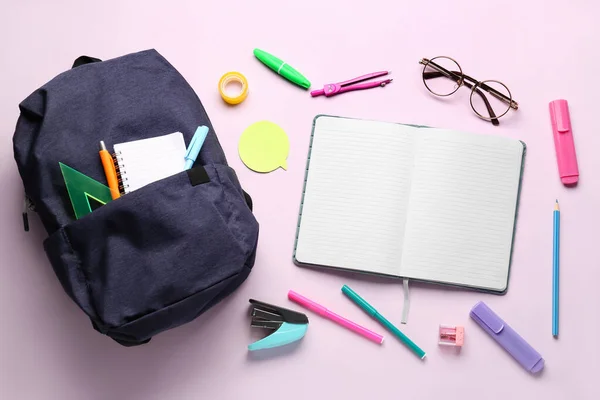 Backpack Notebooks Eyeglasses Different Stationery Lilac Background — Stock Photo, Image