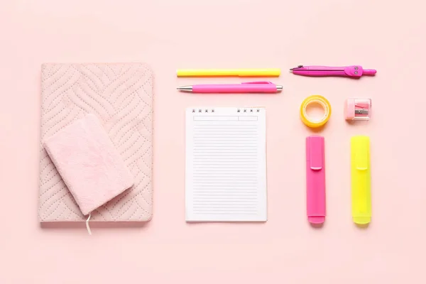 Notebooks Different School Stationery Pink Background — Stock Photo, Image