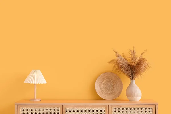 Современный Комод Пампасами Травы Лампы Пластины Возле Оранжевой Стены Комнате — стоковое фото