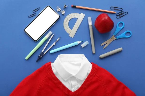 School Uniform Fresh Red Apple Mobile Phone Different Stationery Blue — Stock Photo, Image
