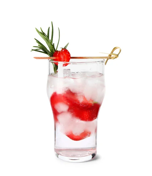 Glas Water Met Aardbeien Rozemarijn Witte Achtergrond — Stockfoto