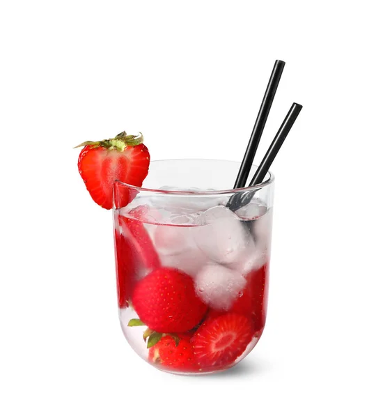 Glas Water Met Aardbeien Witte Achtergrond — Stockfoto
