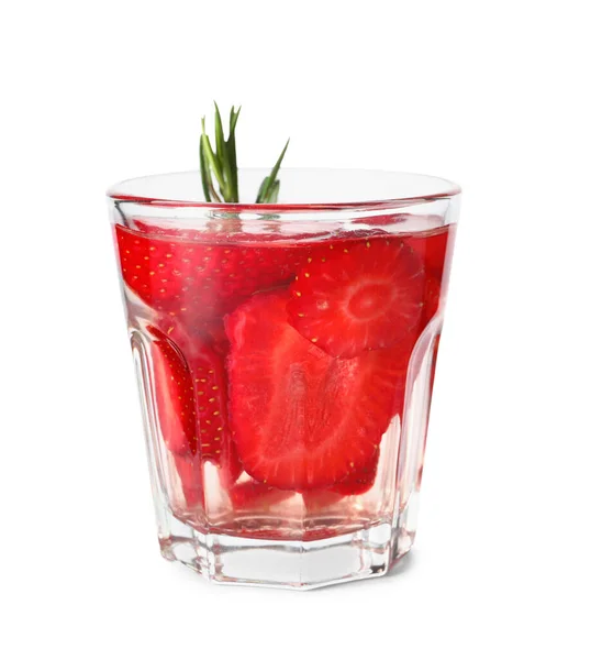 Glass Infused Water Strawberry Rosemary White Background — Stock Photo, Image