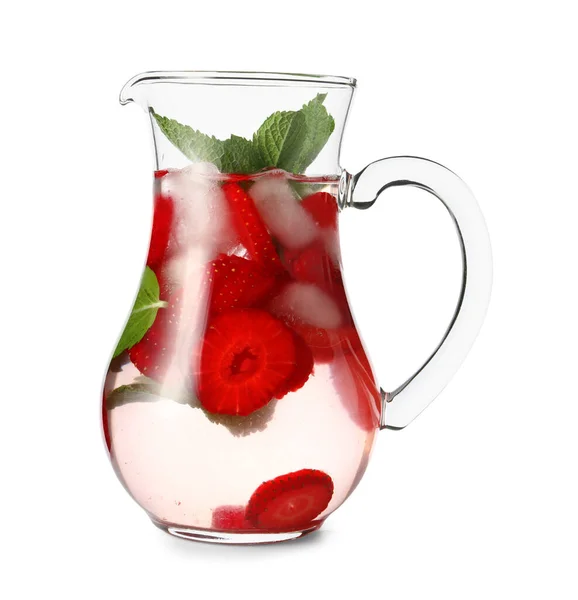 Jug Infused Water Strawberry Mint White Background — Stock Photo, Image