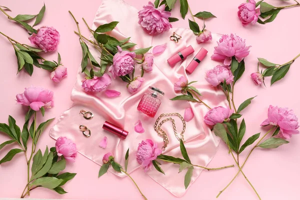 Composition Stylish Female Accessories Cosmetics Beautiful Peony Flowers Pink Background — Stock Photo, Image