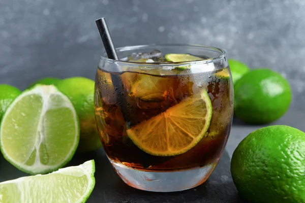 Glass Cold Cuba Libre Cocktail Grey Background — Stock Photo, Image