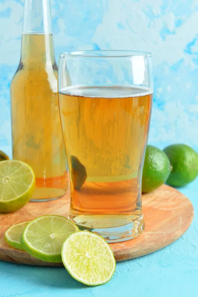 Glass Bottle Cold Beer Lime Blue Background — Stock Photo, Image