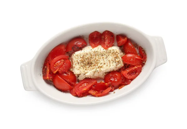 Bakken Schotel Met Smakelijke Tomaten Feta Kaas Geïsoleerd Witte Achtergrond — Stockfoto
