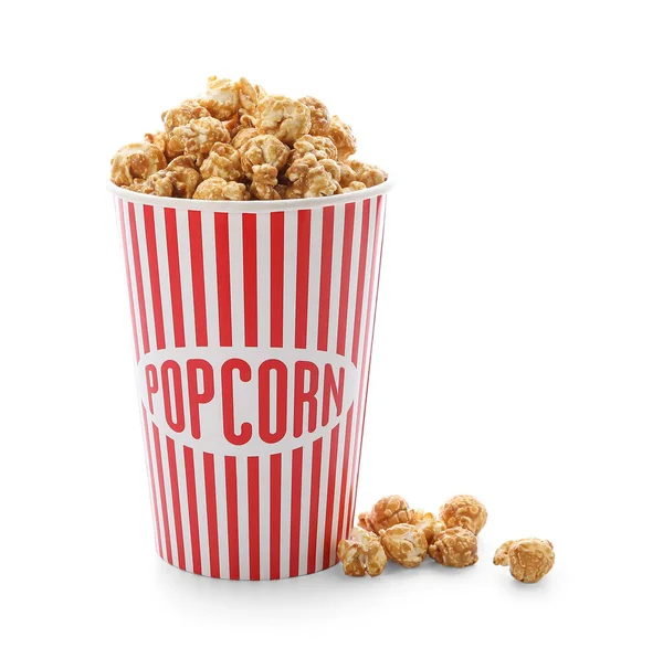 Bucket Tasty Caramel Popcorn Isolated White Background — Stock Photo, Image