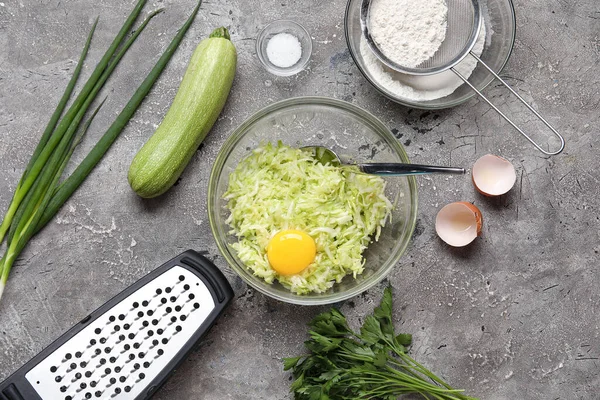 Bowls Ingredients Preparing Zucchini Fritters Grey Background — Stock Photo, Image